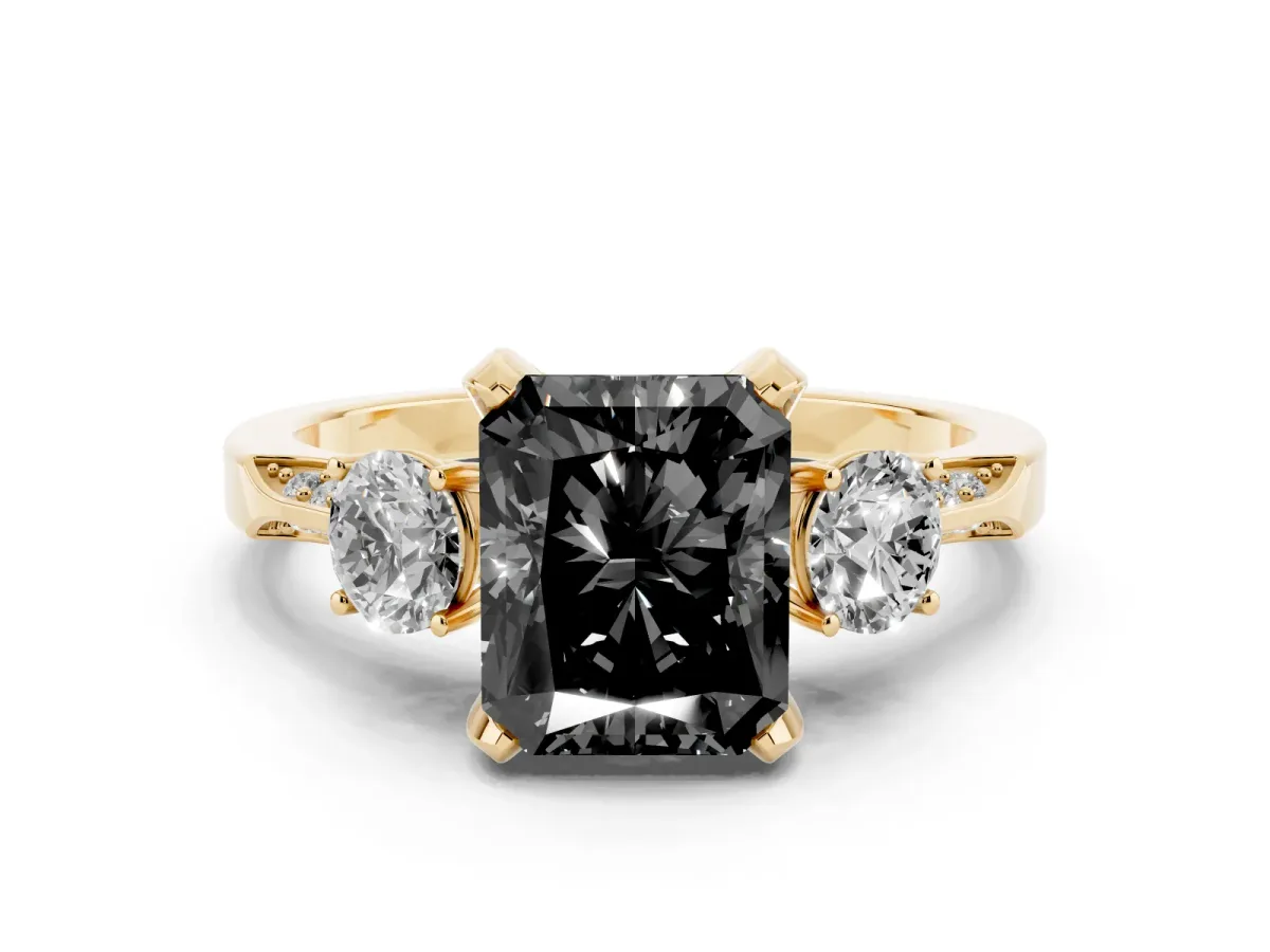 Fancy Black Radiant Cut Brilliant Three-Stone Diamond Ring with Pavé Band and Four-Prong Setting Yellow gold