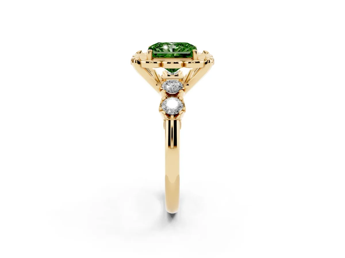 Fancy Green Radiant Cut Cut Diamond Floral Halo Engagement Ring with Shared Prong Setting Yellow gold