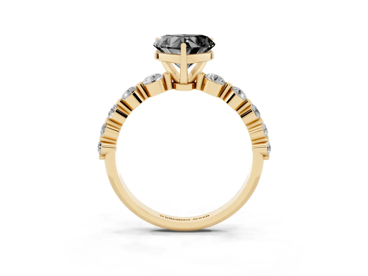 Fancy Black Heart Cut Solitaire Diamond Ring with Pave Band and Four-Prong Setting Yellow gold