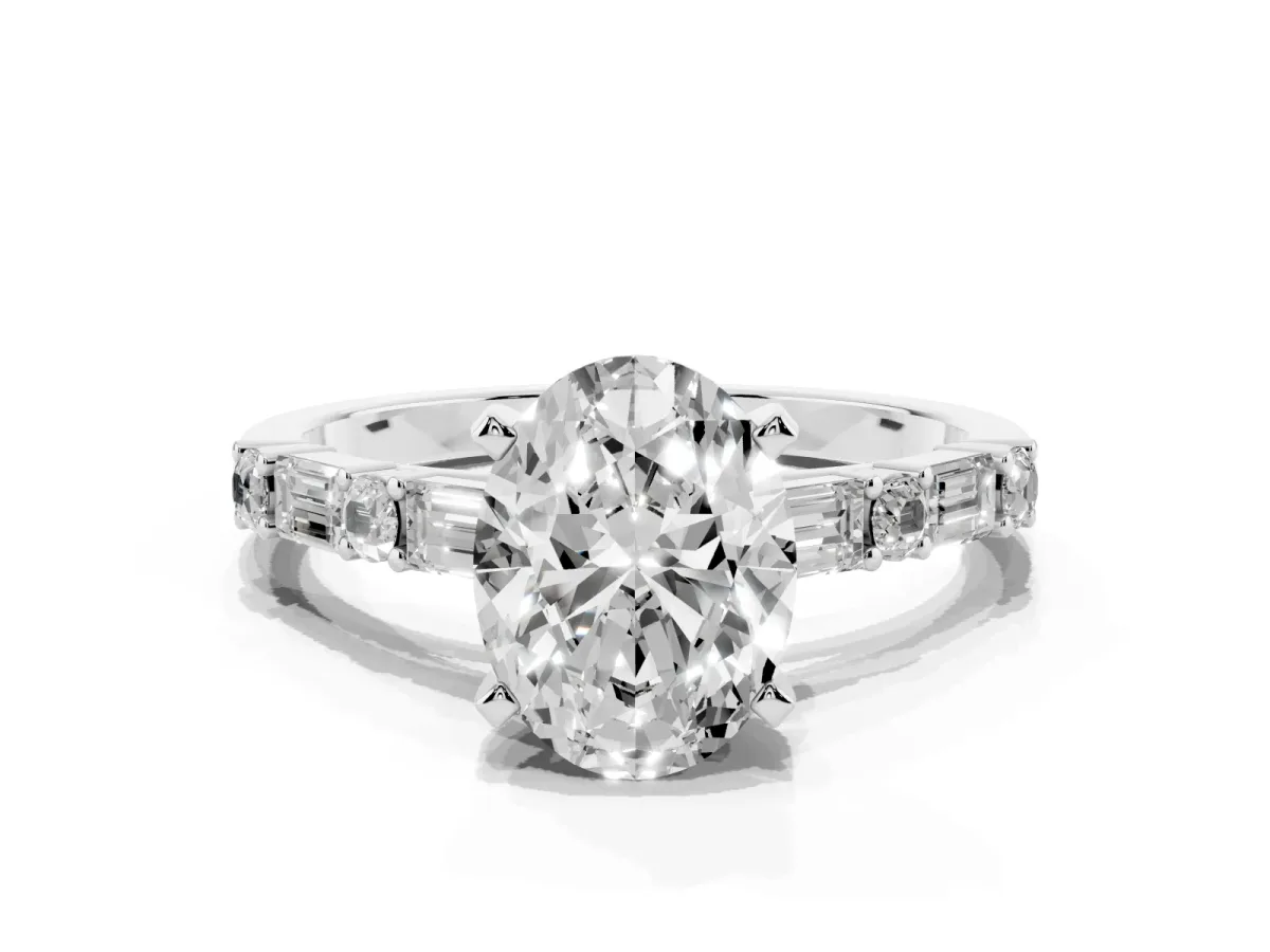 Oval Cut Diamond Solitaire with Side Baguettes and Channel Set Band Platinum