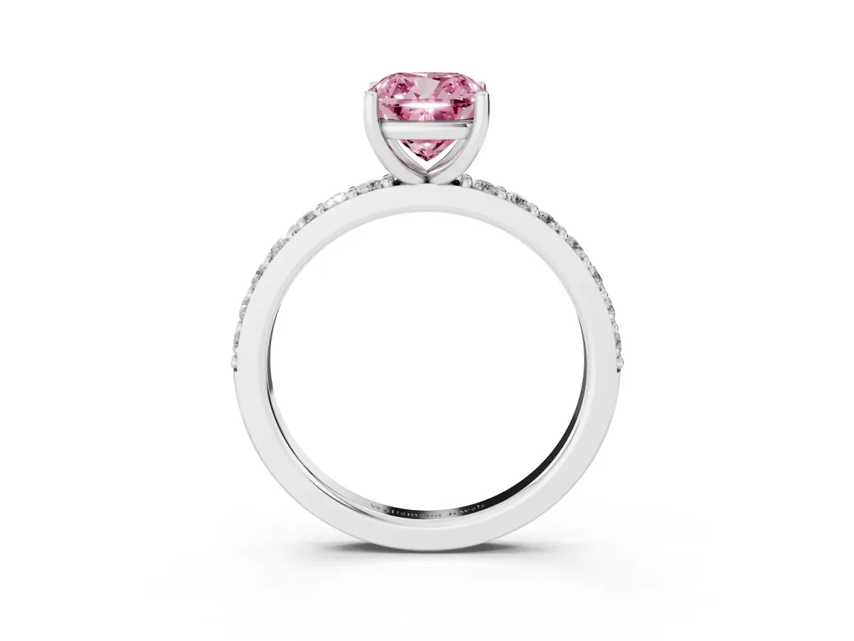 Fancy Pink Cushion Cut Cut Diamond Solitaire with Pave Band and Four-Prong Setting Silver