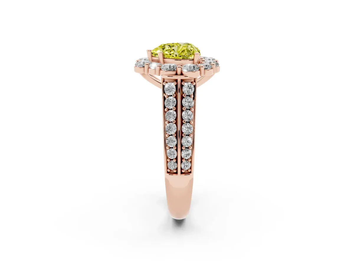 Fancy Yellow Heart Cut Halo Diamond Engagement Ring with Split Shank and Prong Setting Rose gold