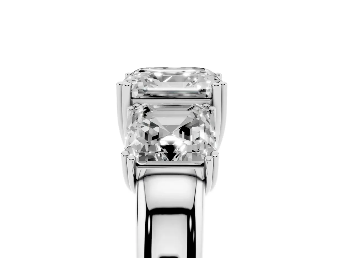 Three-Stone Asscher Cut Cut Diamond Ring with Channel Set Band and Four-Prong Setting Silver