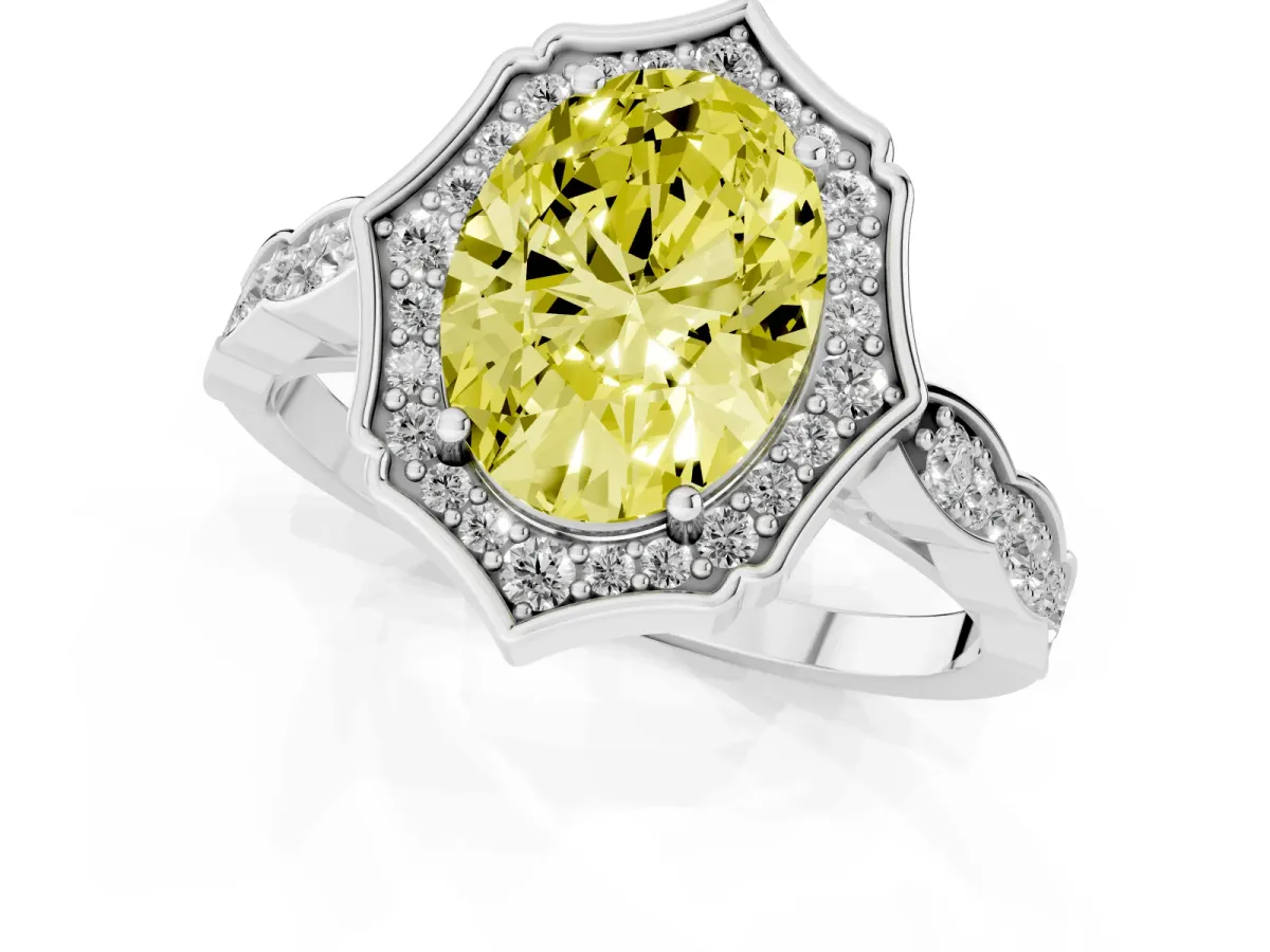 Fancy Yellow Oval Cut Halo Diamond Engagement Ring with Milgrain Band and Four-Prong Setting White gold