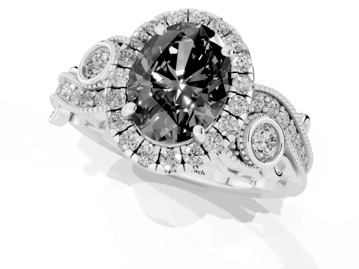 Fancy Black Oval Cut Halo Diamond Ring with Milgrain and Bezel Accents on a Split Shank Band Platinum