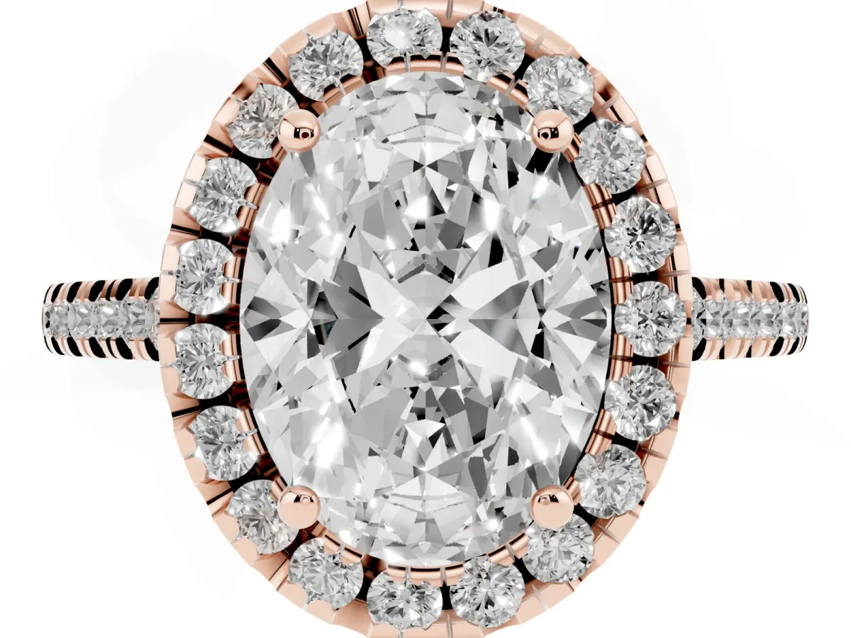 Oval Cut Diamond Cushion Halo Ring with Pavé Band Rose gold