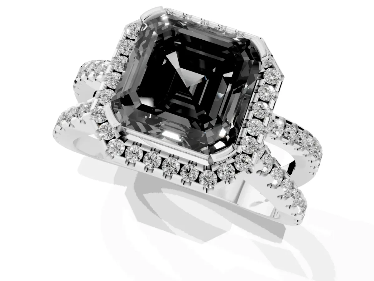 Fancy Black Asscher Cut Diamond Halo Ring with Split Shank Pavé Band and Prong Setting Silver