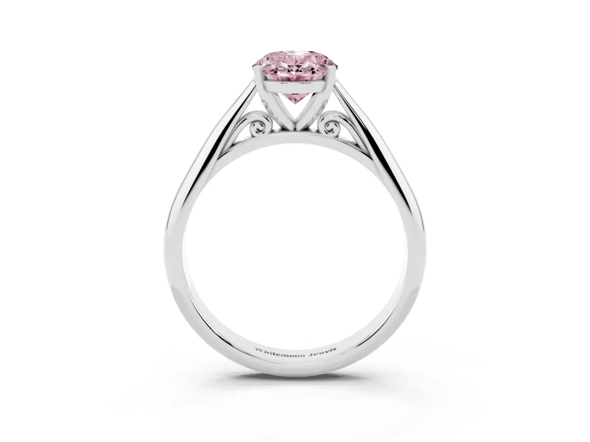 Fancy Pink Oval Cut Diamond Solitaire Engagement Ring with Cathedral Setting and Four-Prong Mount Silver