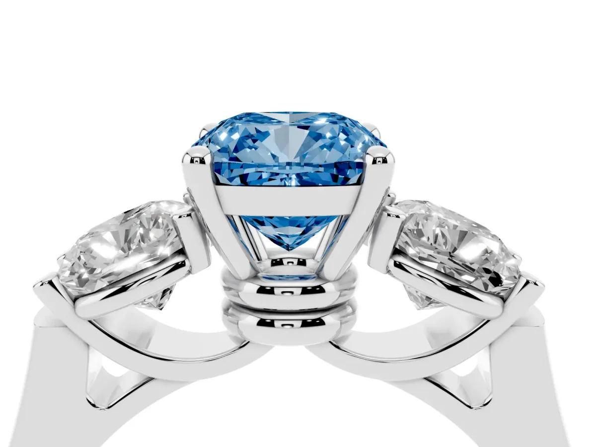Fancy Blue Three-Stone Cushion Cut Brilliant Diamond Trellis Ring with Comfort Fit Band Platinum