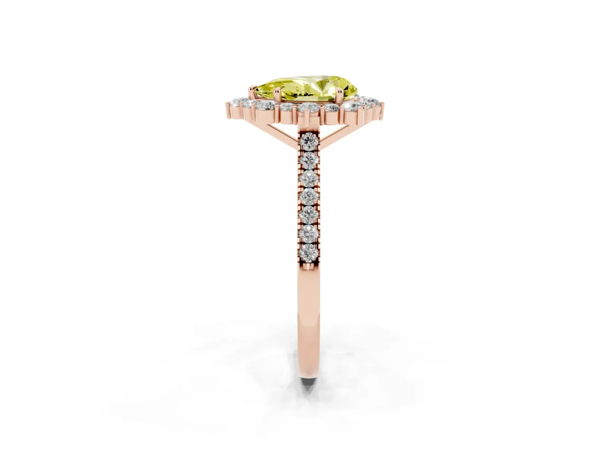 Fancy Yellow Pear Cut Halo Diamond Ring with Pavé Band and Prong Setting Rose gold