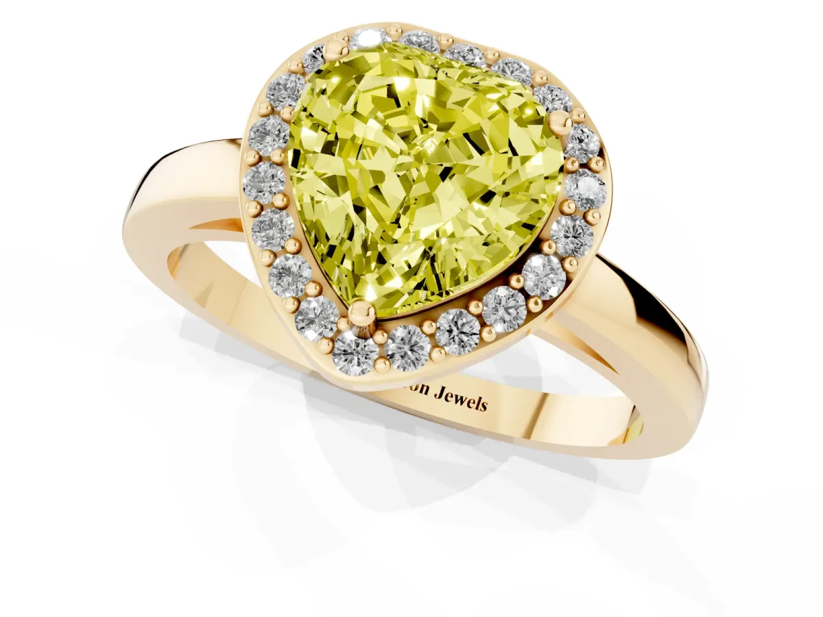 Fancy Yellow Heart Cut Halo Diamond Ring with Solitaire Band and Prong Setting Yellow gold