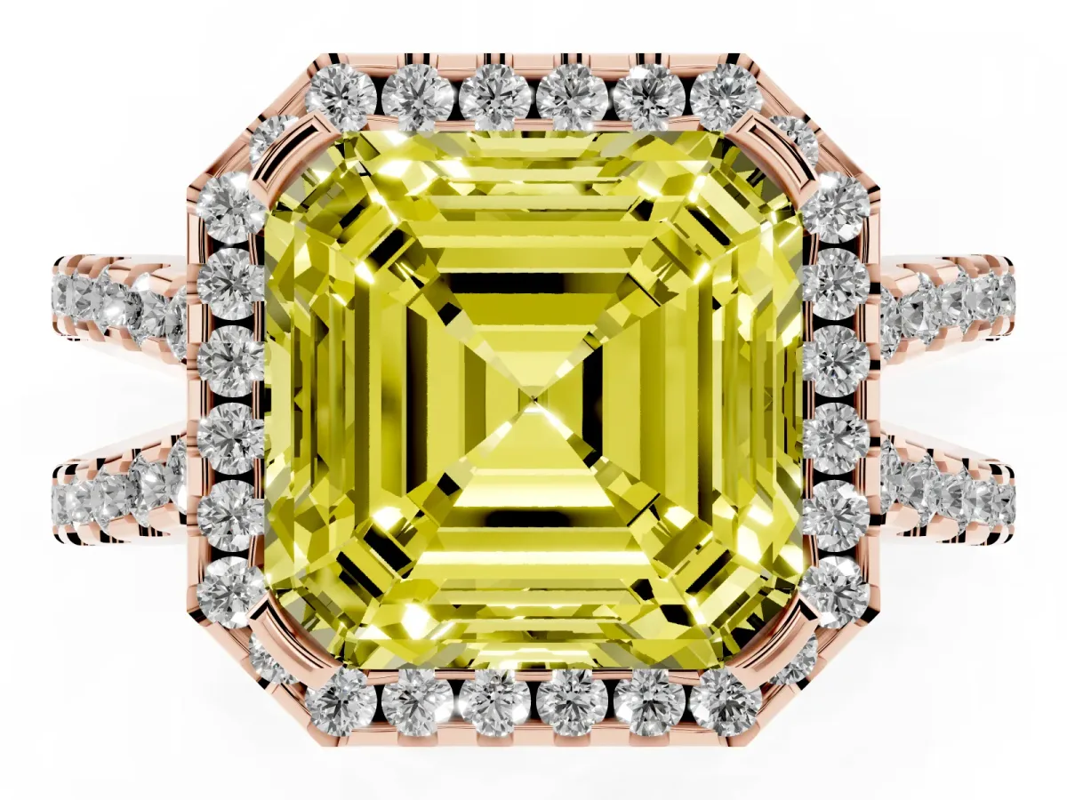 Fancy Yellow Asscher Cut Diamond Halo Ring with Split Shank Pavé Band and Prong Setting Rose gold