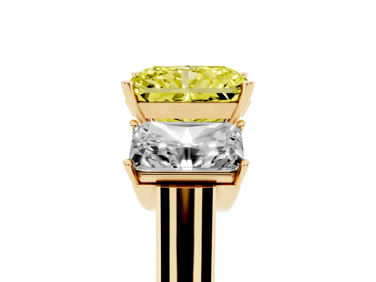 Fancy Yellow Three-Stone Radiant Cut Brilliant Diamond Trellis Ring with Comfort Fit Band Yellow gold