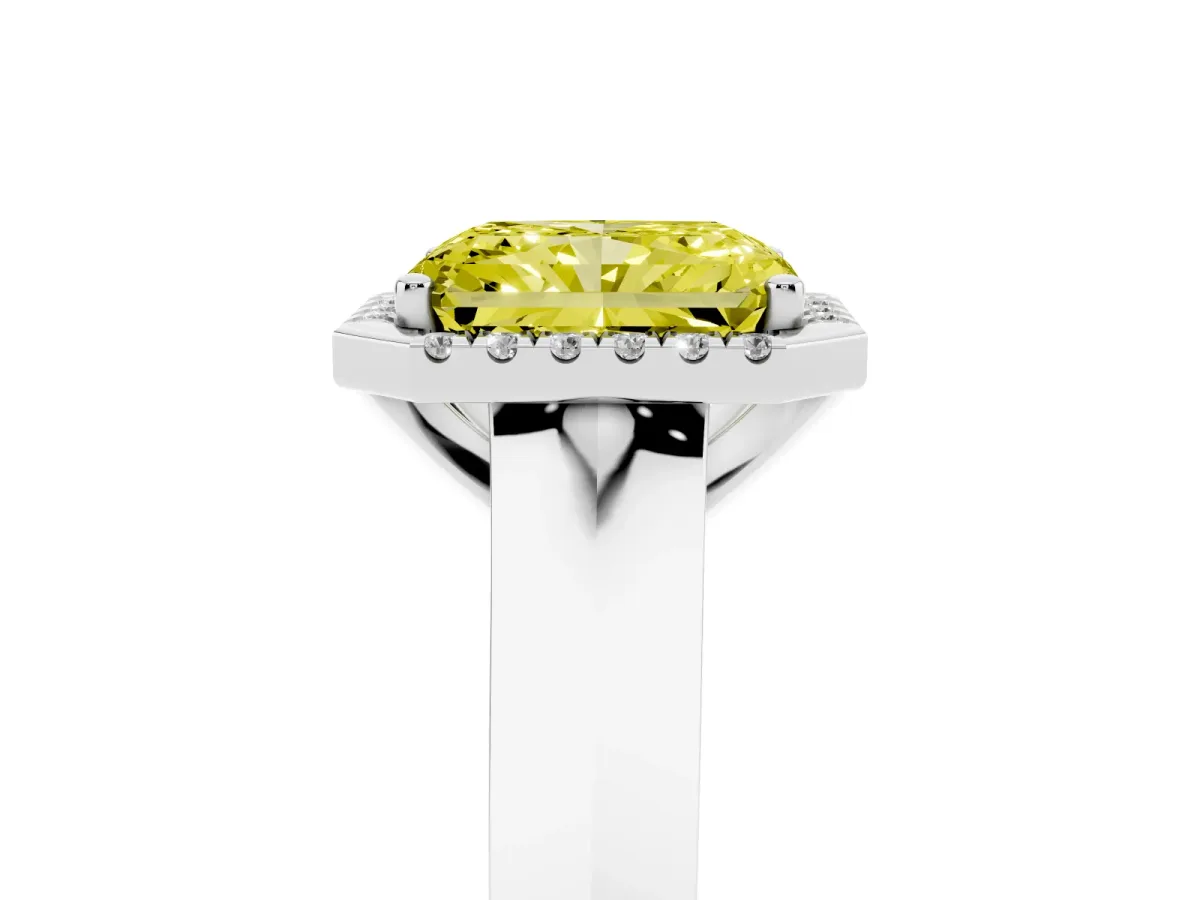 Fancy Yellow Radiant Cut Halo Diamond Ring with Cathedral Band and Four-Prong Setting White gold