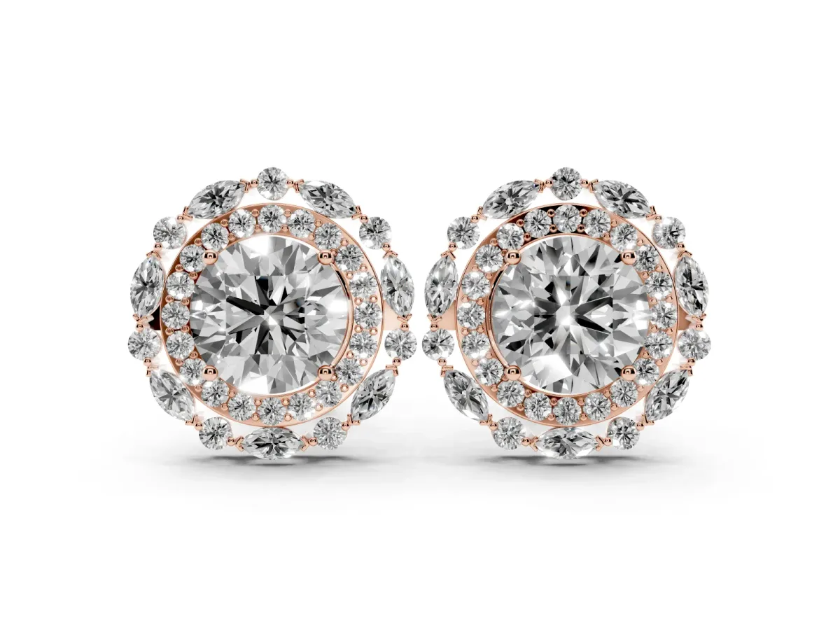 Round Diamond Double Halo Stud Earrings with Prong Setting Rose gold