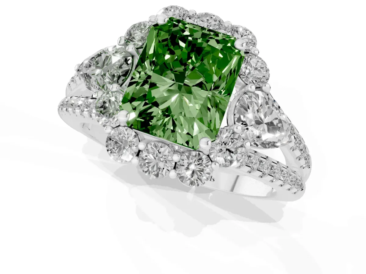 Fancy Green Radiant Cut Halo Split Shank Diamond Engagement Ring with Prong Setting Silver