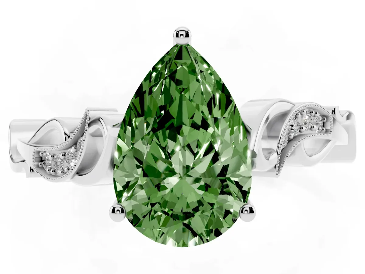 Fancy Green Pear Cut Solitaire Vine Band with Milgrain Prong Setting Silver