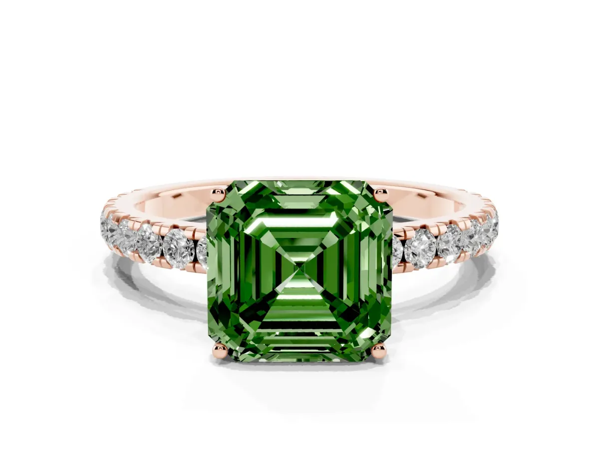 Fancy Green Asscher Cut Diamond Pavé Solitaire Engagement Ring with Four-Prong Setting Rose gold