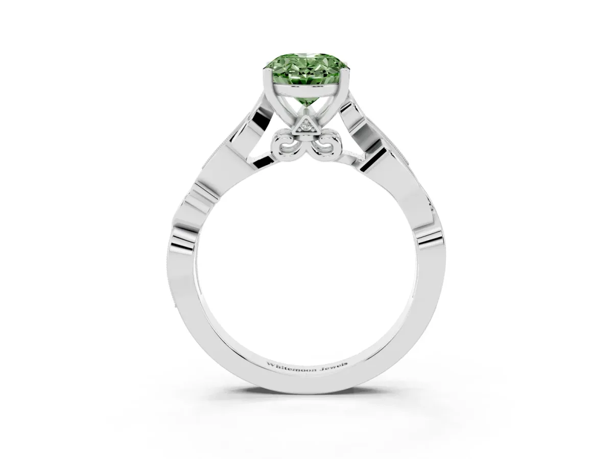 Fancy Green Oval Cut Solitaire Vine Band with Milgrain Prong Setting Silver