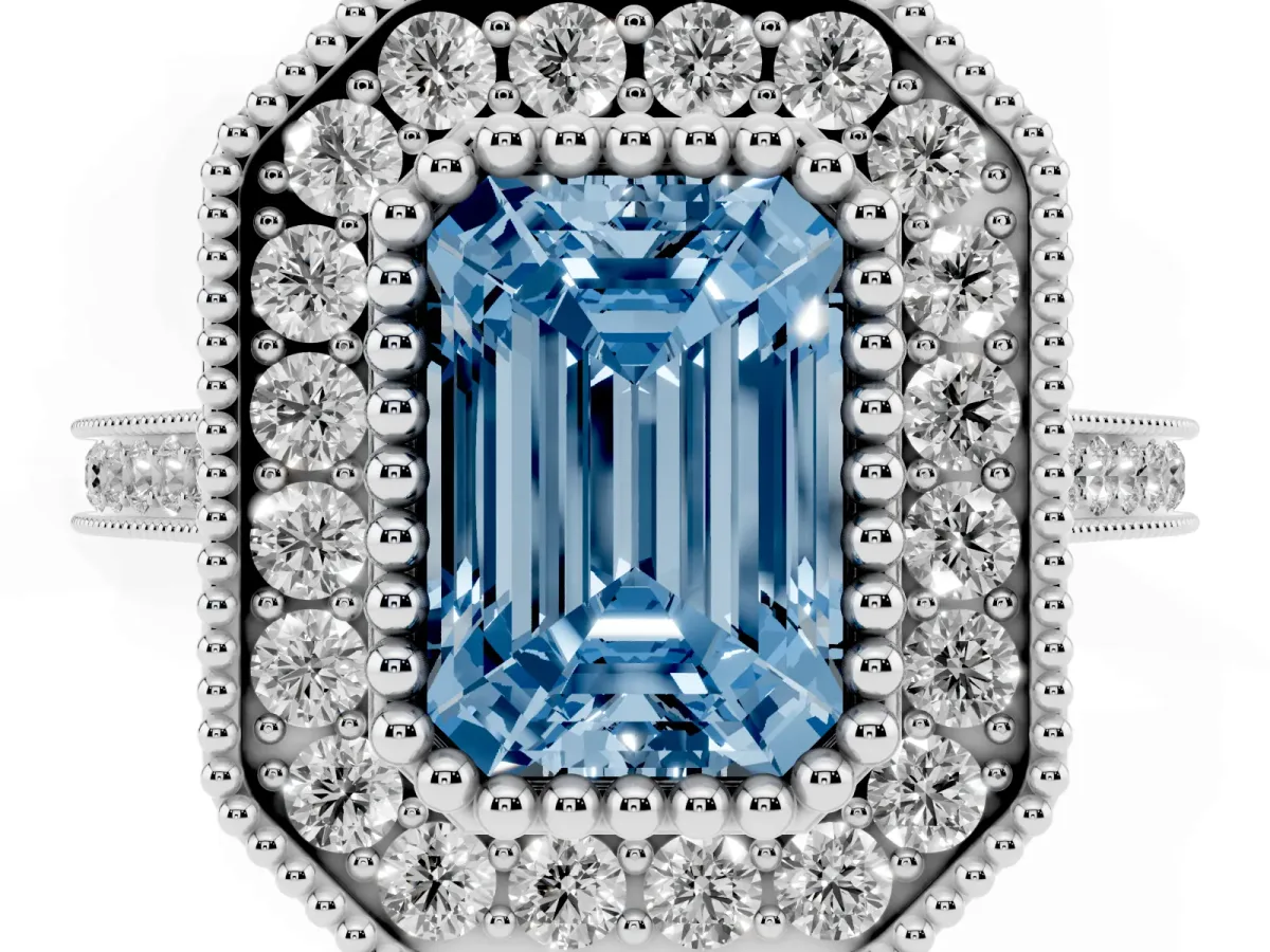 Fancy Blue Emerald Cut Diamond Halo Ring with Milgrain Frame and Pavé Band Silver