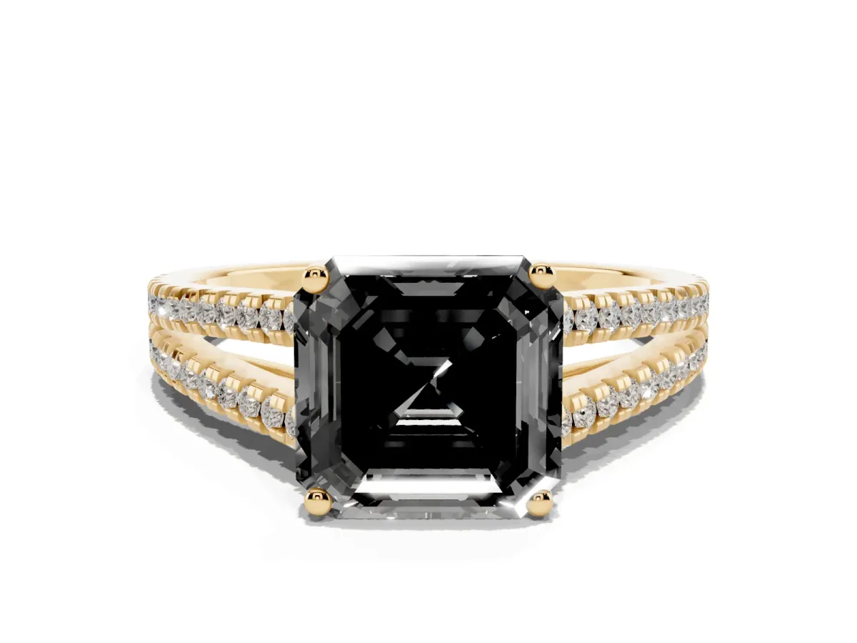 Fancy Black Asscher Cut Diamond Solitaire Engagement Ring with Split Shank Pavé Band Yellow gold