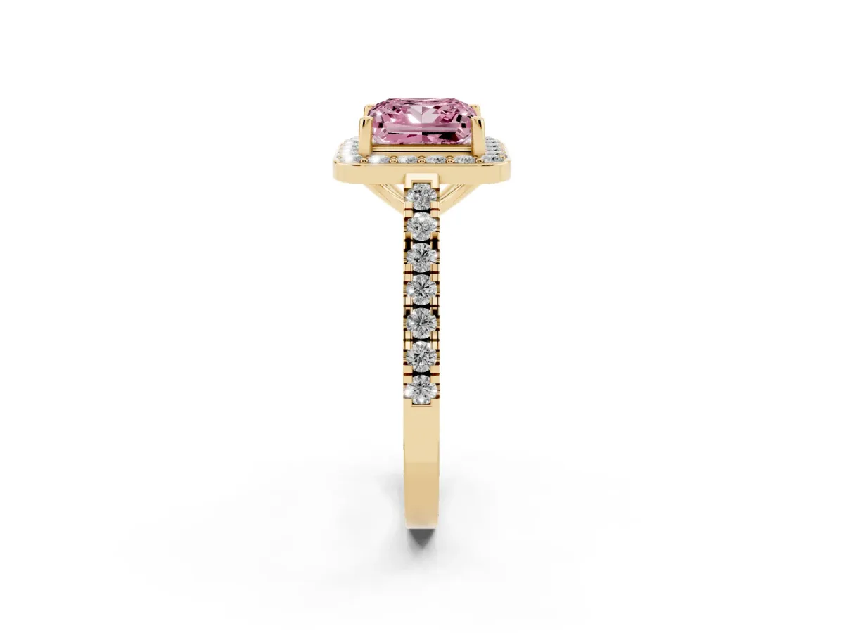 Fancy Pink Princess Cut Diamond Halo Ring with Round Pavé Split Shank and Prong Setting Yellow gold