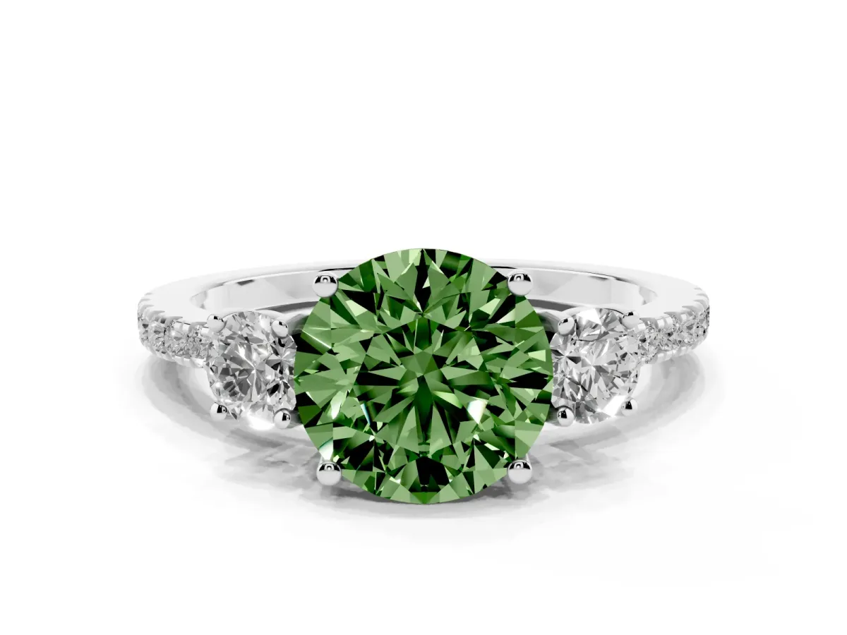 Fancy Green Three-Stone Round Cut Cut Diamond Pavé Band with Prong Setting Platinum