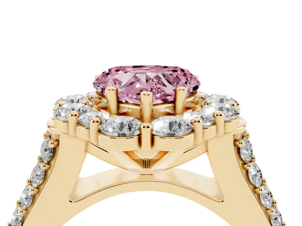 Fancy Pink Heart Cut Halo Diamond Engagement Ring with Split Shank and Prong Setting Yellow gold