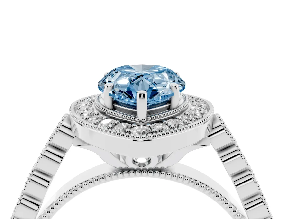 Fancy Blue Pear Cut Halo Twist Band Solitaire Ring with Six-Prong Setting Silver
