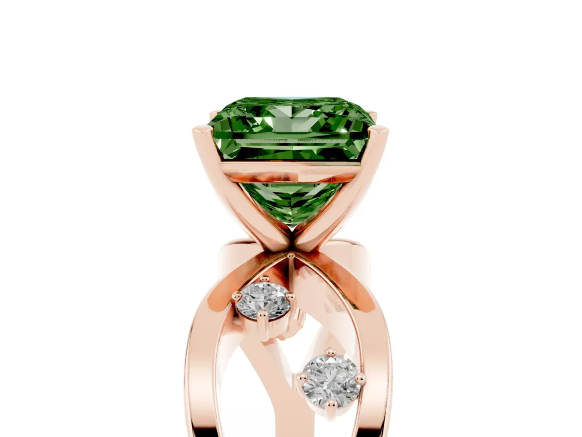 Fancy Green Princess Cut Cut Solitaire Diamond with Side Stones on Criss-Cross Band and Four-Prong Setting Rose gold