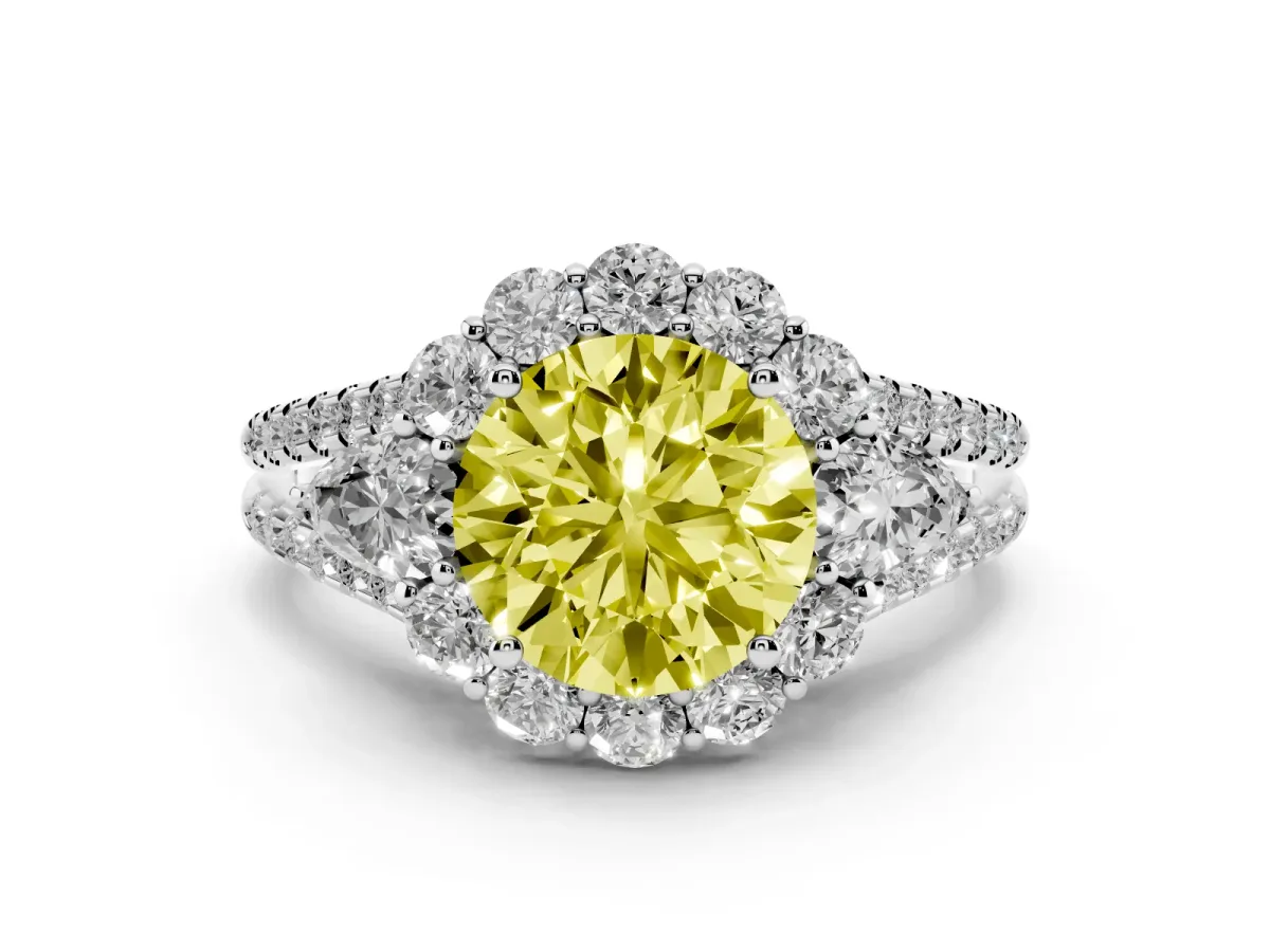 Fancy Yellow Round Cut Halo Split Shank Diamond Engagement Ring with Prong Setting Silver