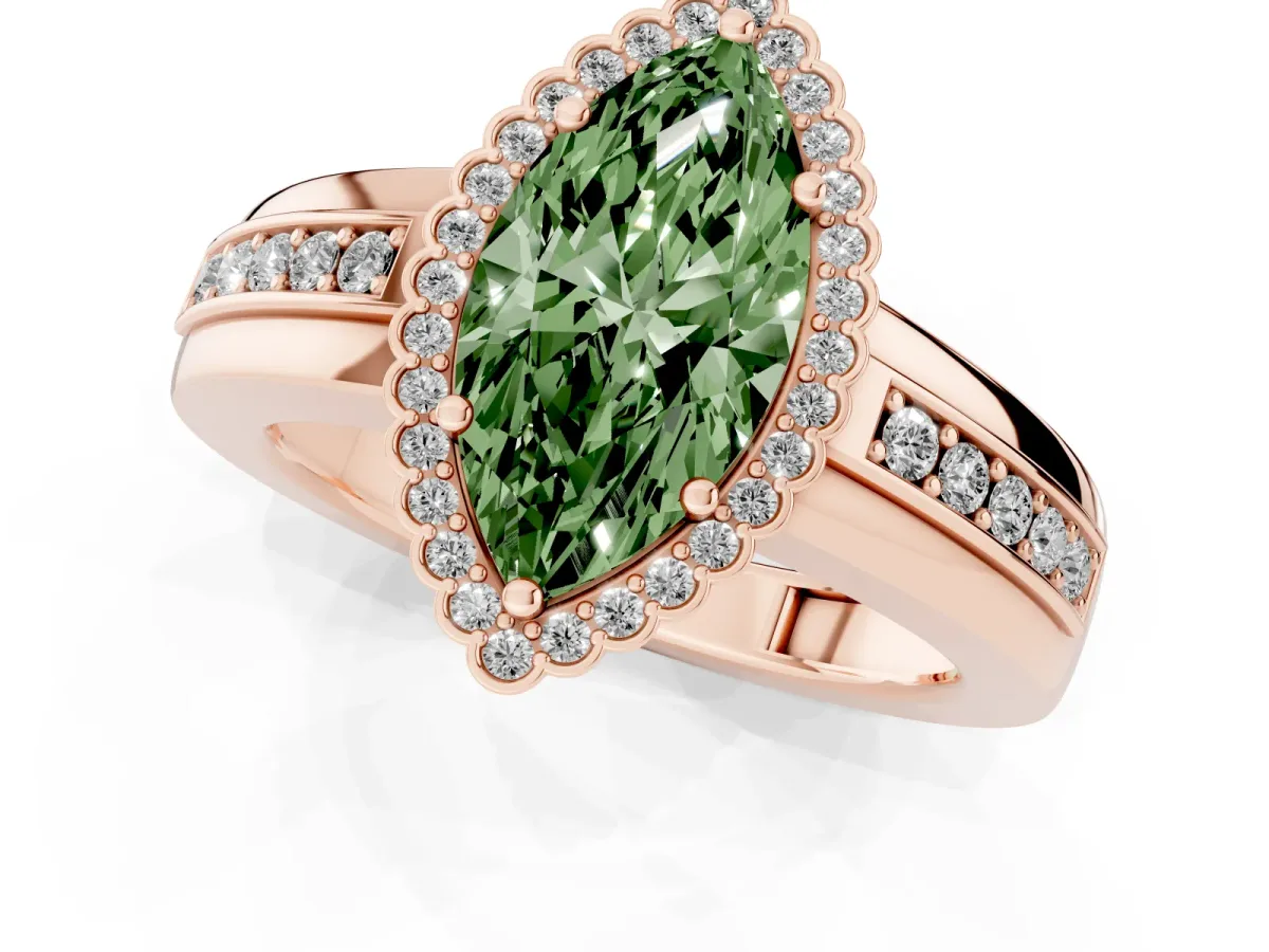 Fancy Green Marquise Cut Cut Halo Pave Band Four-Prong Ring Rose gold