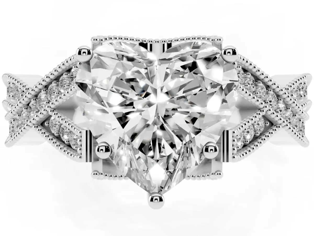 Heart Cut Cut Diamond Twisted Band with Milgrain Pave Setting and Four-Prong Setting Silver