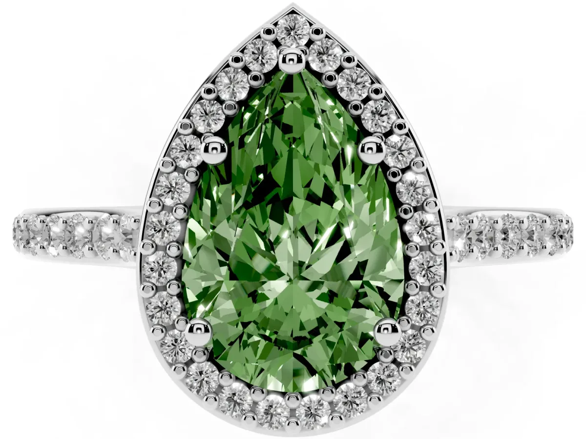 Fancy Green Pear Cut Diamond Halo Engagement Ring with Round Pavé Shoulders and Prong Setting White gold