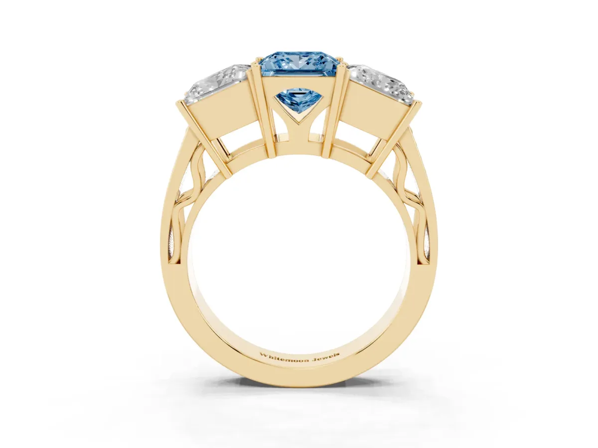 Fancy Blue Princess Cut Diamond Three-Stone Ring with Prong Setting and Textured Band Yellow gold