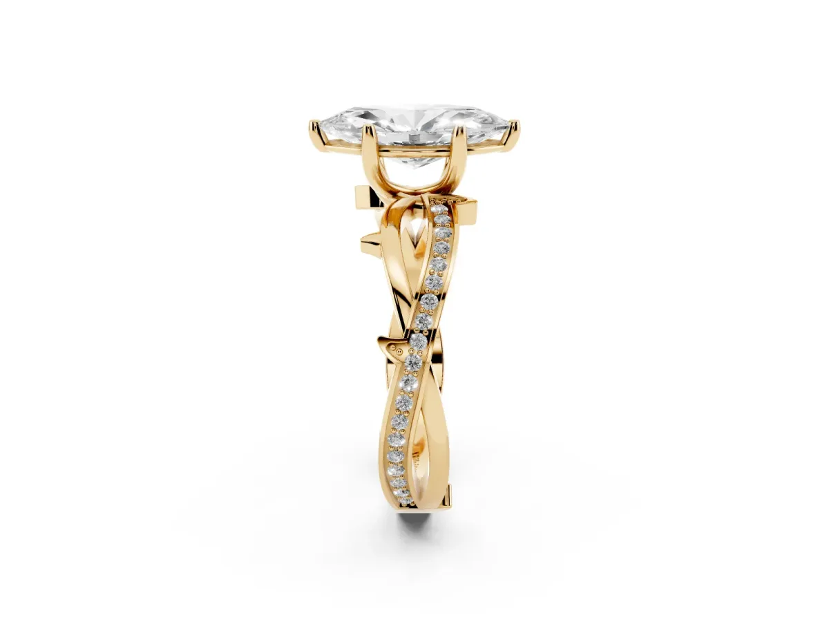 Marquise Cut Solitaire Twist Band with Pavé Accents and Four-Prong Setting Yellow gold