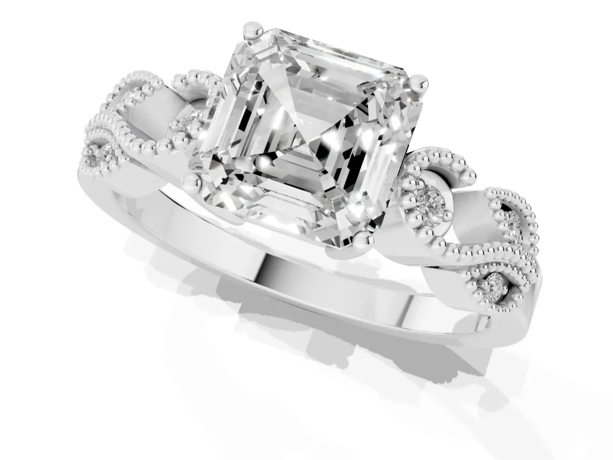 Asscher Cut Solitaire Milgrain Leaf Band with Prong Setting White gold