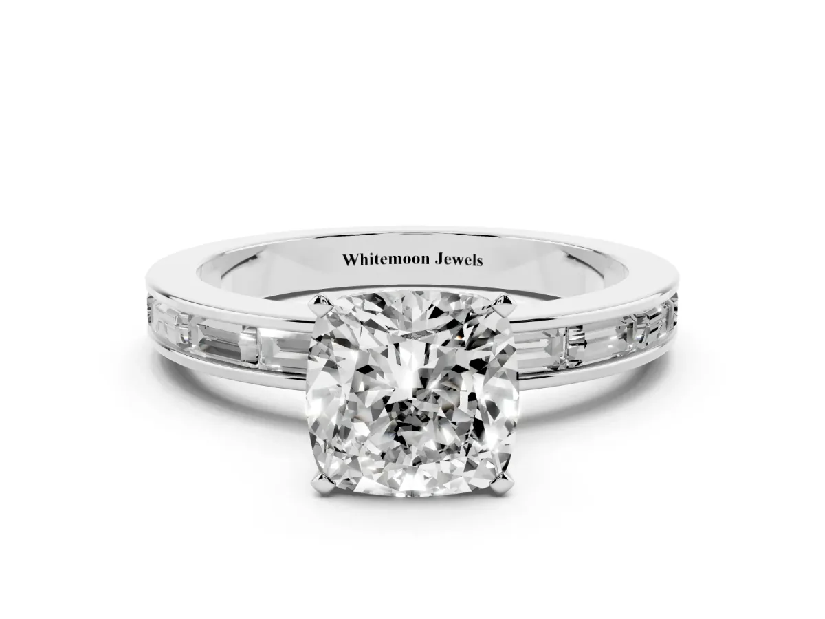 Cushion Cut Solitaire Diamond Ring with Channel-Set Baguette Band and Four-Prong Setting Platinum