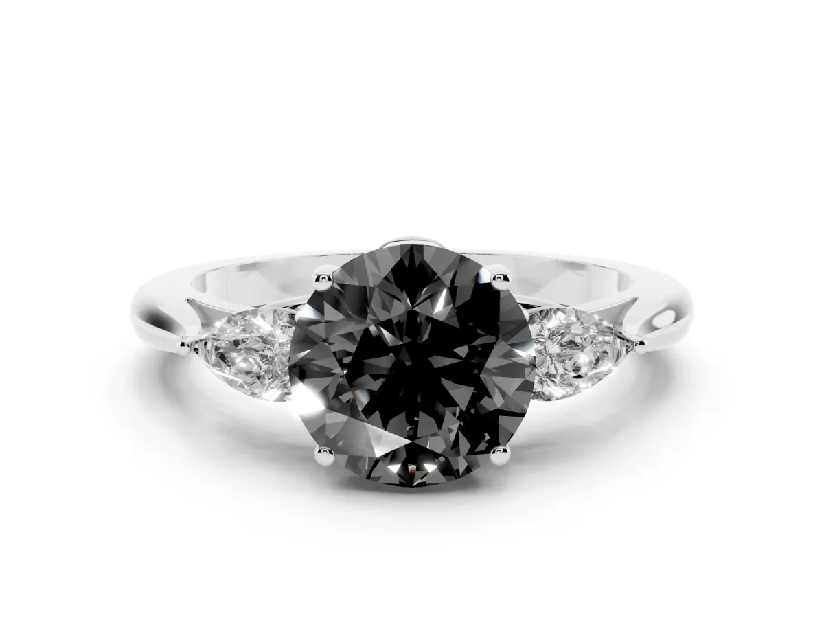 Fancy Black Three-Stone Round Cut Brilliant Diamond Solitaire Ring with Tapered Band and Four-Prong Setting Platinum