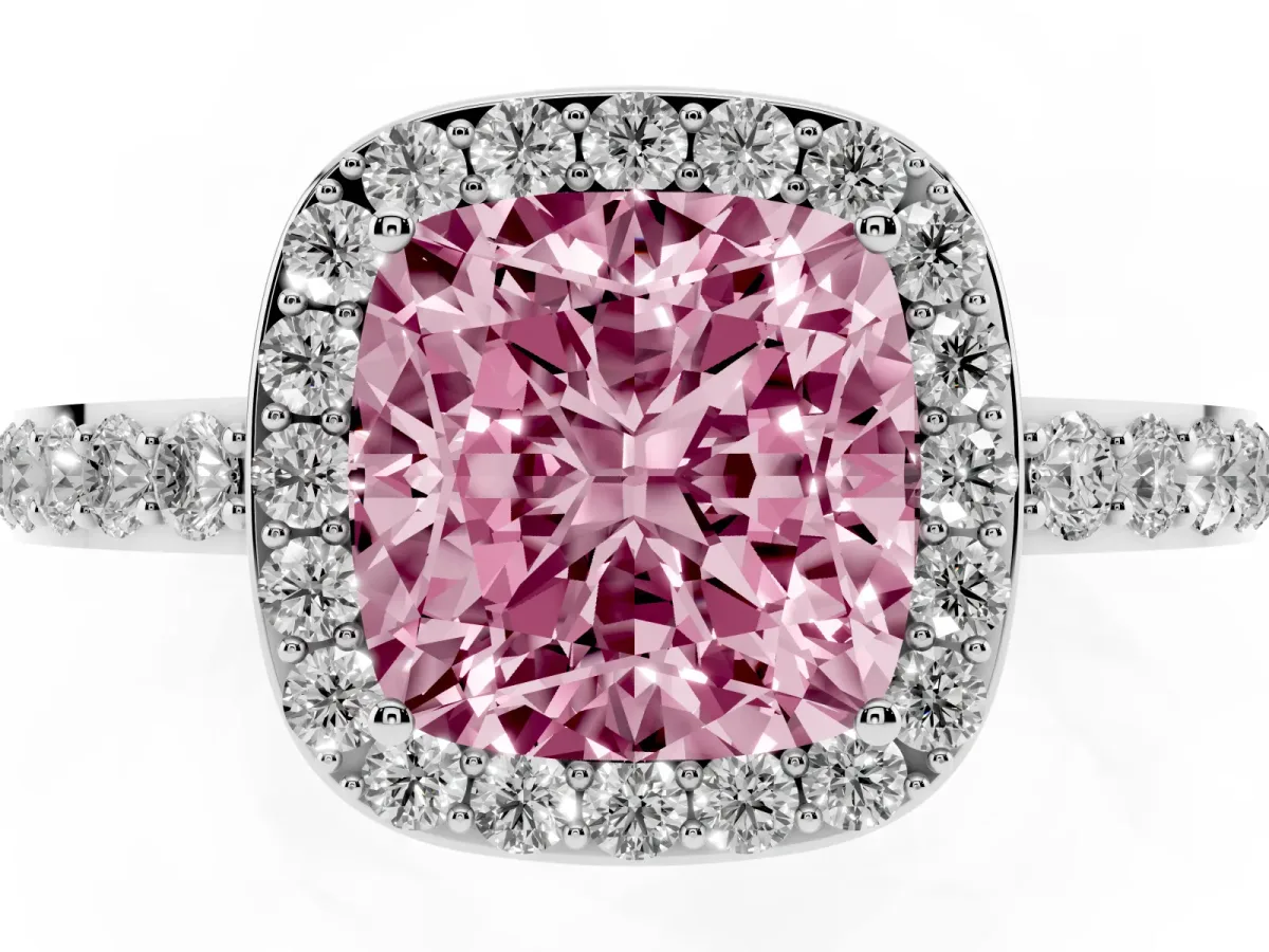 Fancy Pink Cushion Cut Halo Diamond Pavé Band Ring with Prong Setting Silver