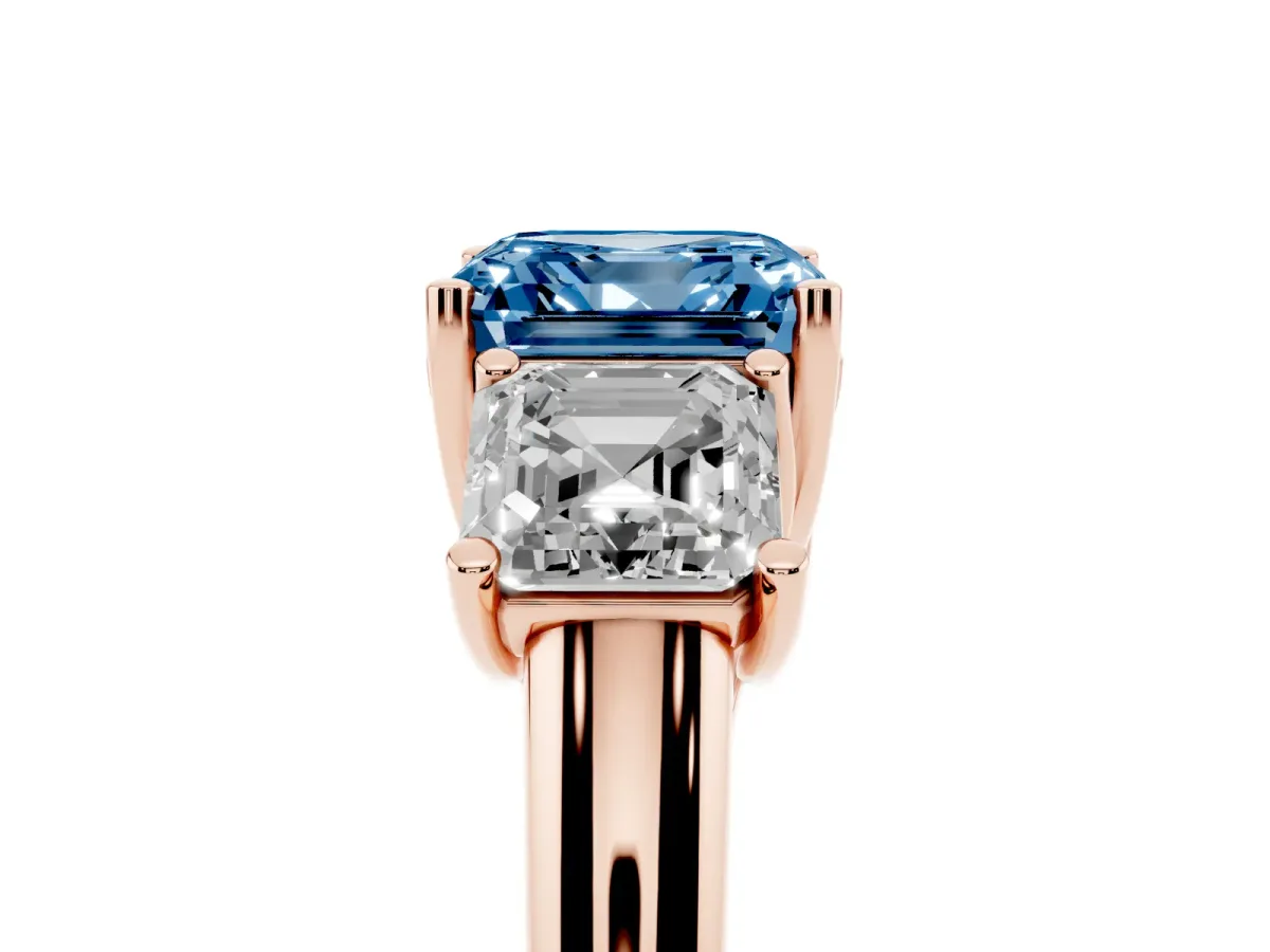 Fancy Blue Three-Stone Asscher Cut Diamond Engagement Ring with Prong Setting Rose gold