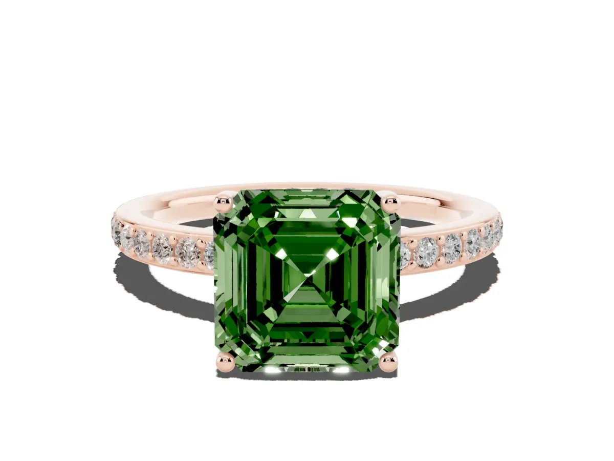 Fancy Green Asscher Cut Cut Diamond Pavé Band Ring with Four-Prong Setting Rose gold