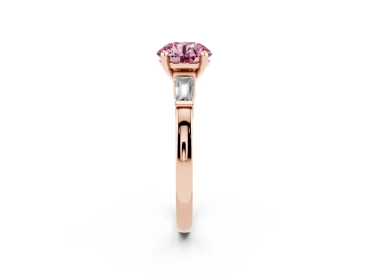 Fancy Pink Round Cut Cut Diamond Solitaire Ring with Tapered Baguette Accents and Four-Prong Setting Rose gold