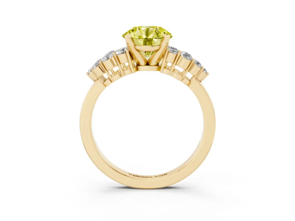 Fancy Yellow Round Cut Cluster Diamond Engagement Ring with Pavé Band and Four-Prong Setting Yellow gold