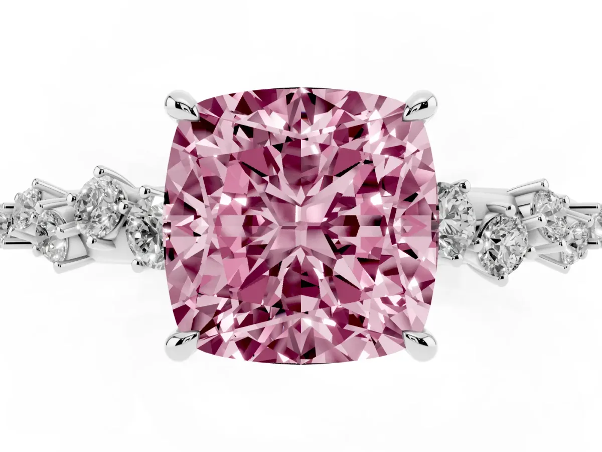 Fancy Pink Cushion Cut Diamond Cluster Side Stone Solitaire Ring with Prong Setting White gold