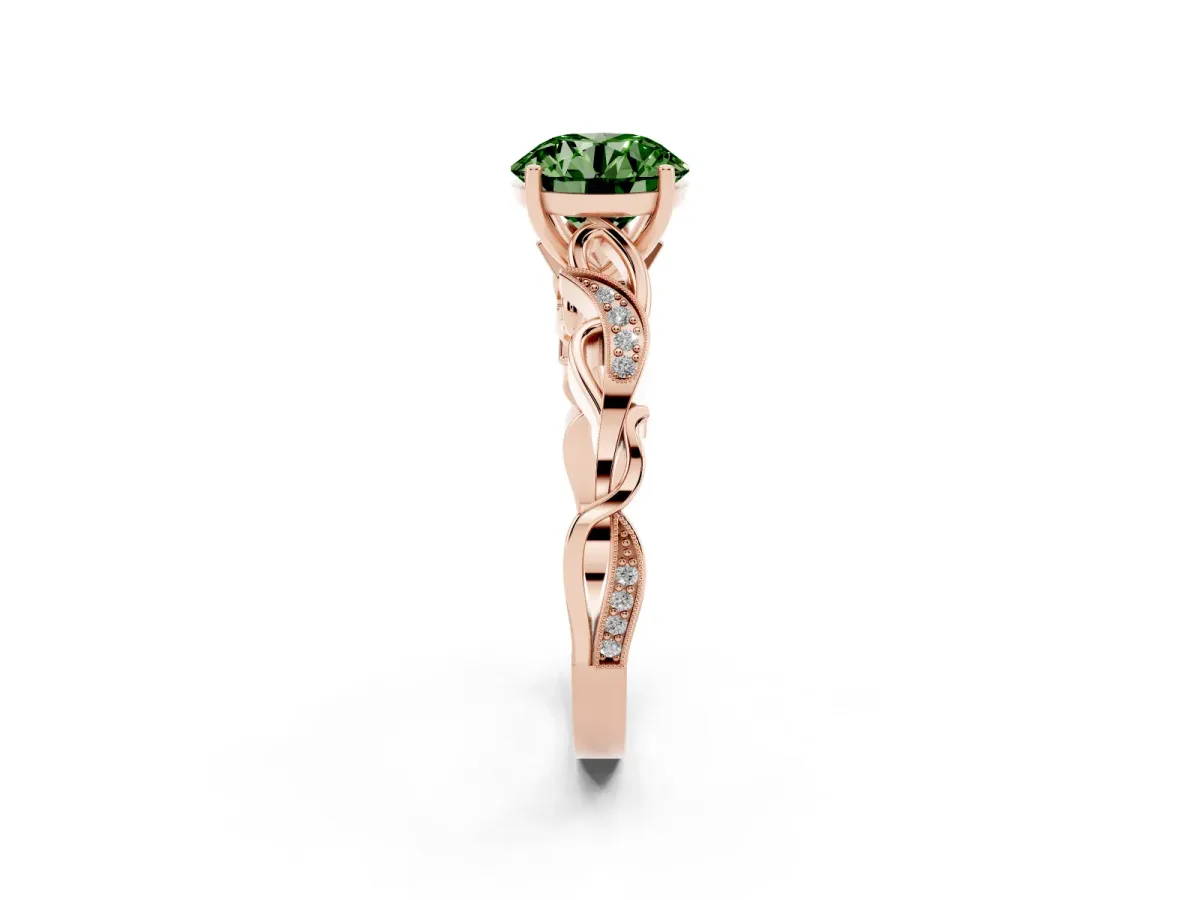 Fancy Green Round Cut Solitaire Vine Band with Milgrain Prong Setting Rose gold