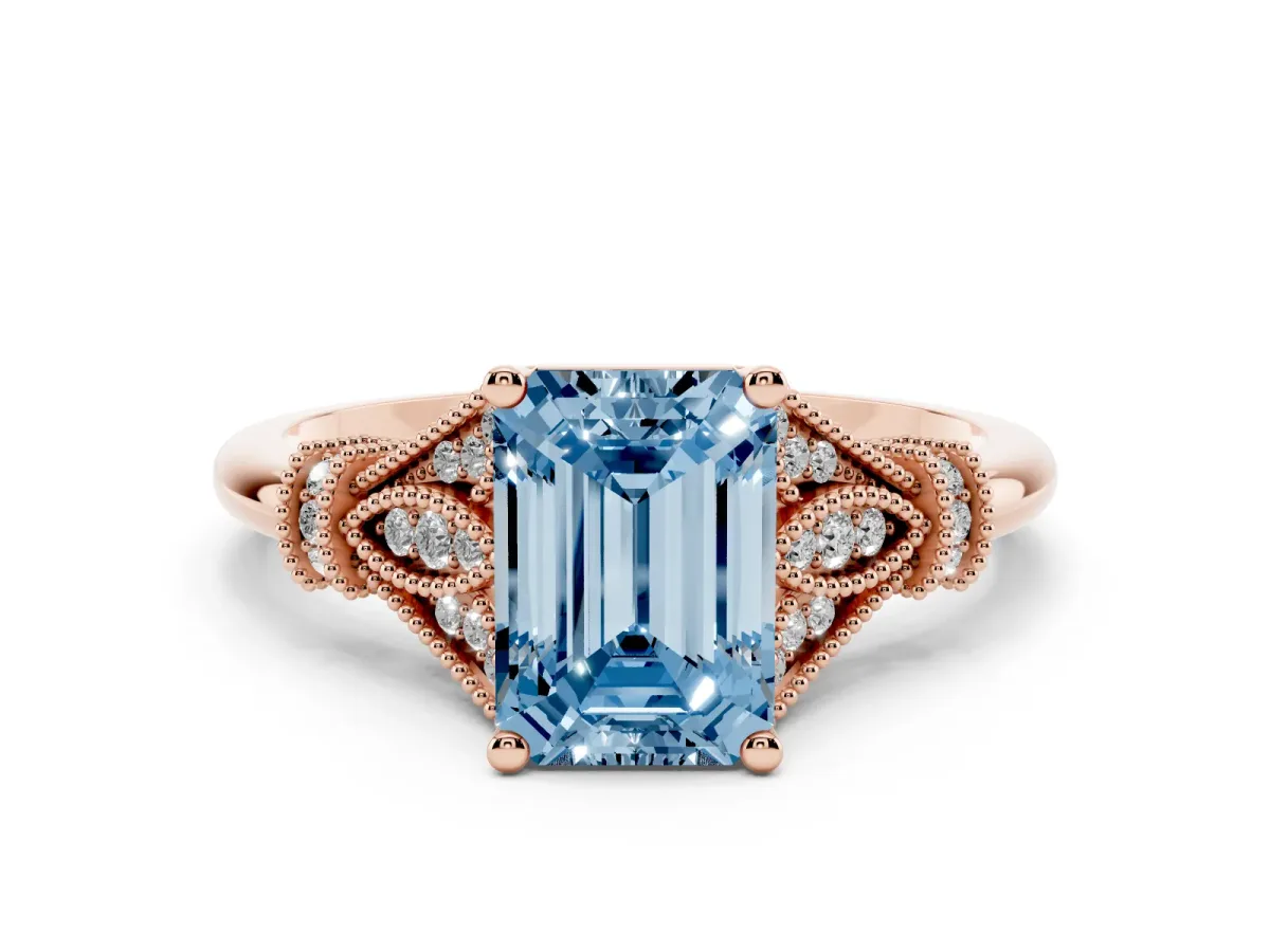 Fancy Blue Emerald Cut Diamond Solitaire Ring with Floral Filigree and Pave Accents Rose gold