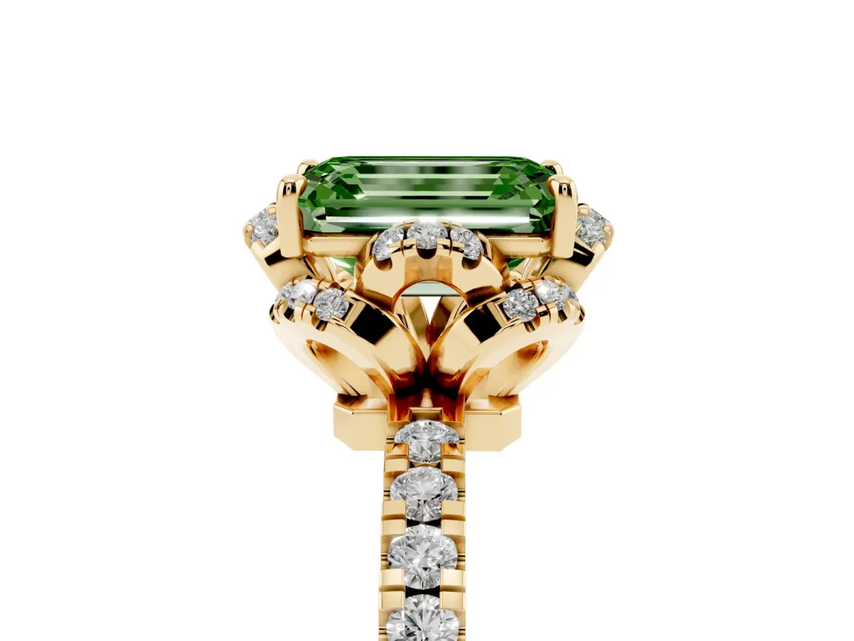 Fancy Green Emerald Cut Halo Diamond Pave Band Ring with Four-Prong Setting Yellow gold