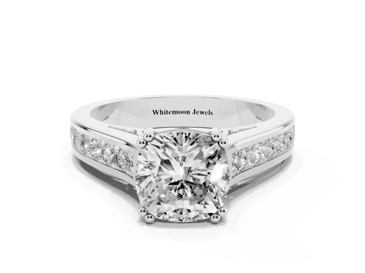 Cushion Cut Cut Channel Set Solitaire Engagement Ring with Prong Setting Silver