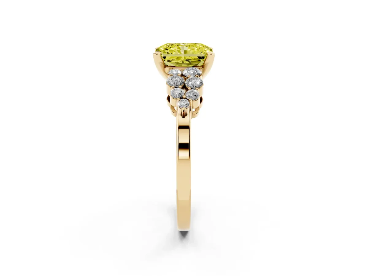 Fancy Yellow Radiant Cut Cluster Diamond Engagement Ring with Pavé Band and Four-Prong Setting Yellow gold